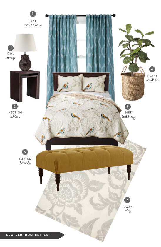 Cozy bedroom interior design with bird bedding, curtains and rug