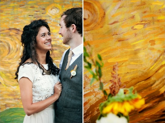 Couple wedding photo in front of art background