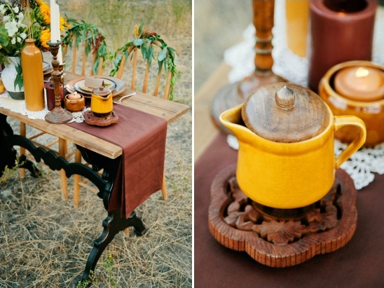 Rustic autumn wedding table setting with yellow creamer