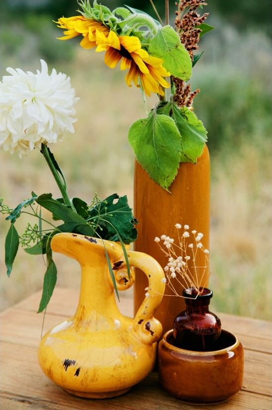 Yellow ceramic pitcher sunflowers dahlias vase rustic decor
