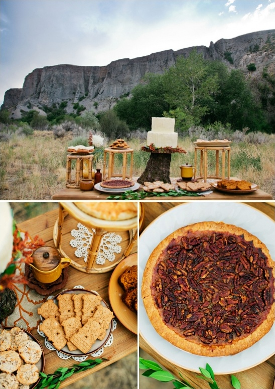 Rustic outdoor dessert table with cake and pies