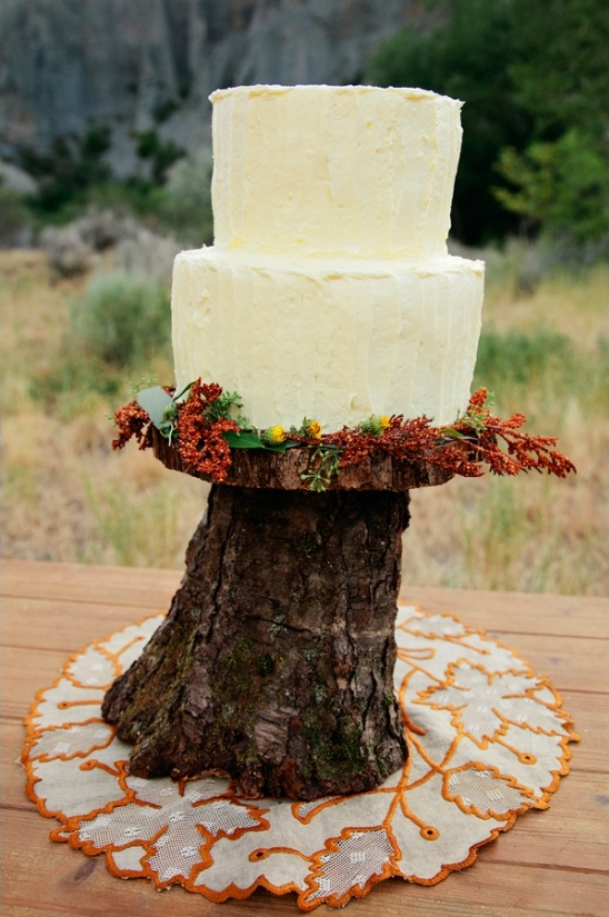 Rustic two-tiered wedding cake on tree stump