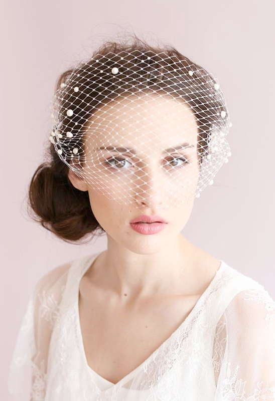 Pearl adorned tulle bandeau veil from Twigs and Honey