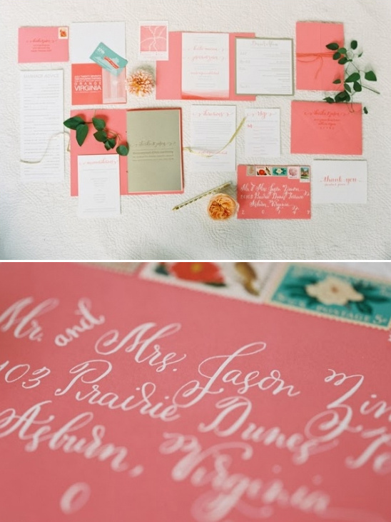 Elegant coral wedding invitations flat lay design, calligraphy details