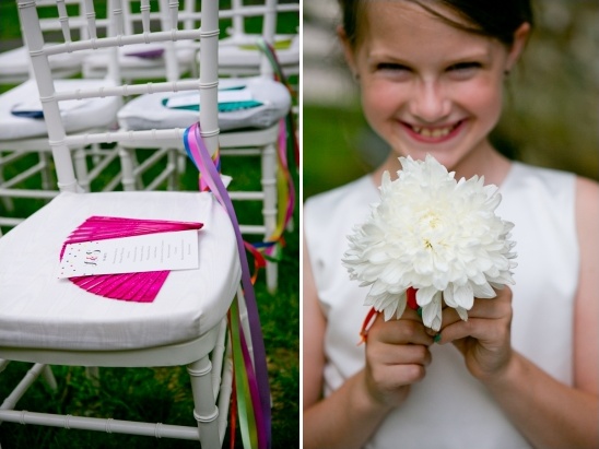 colorful wedding fans and simple flower girl bouquet