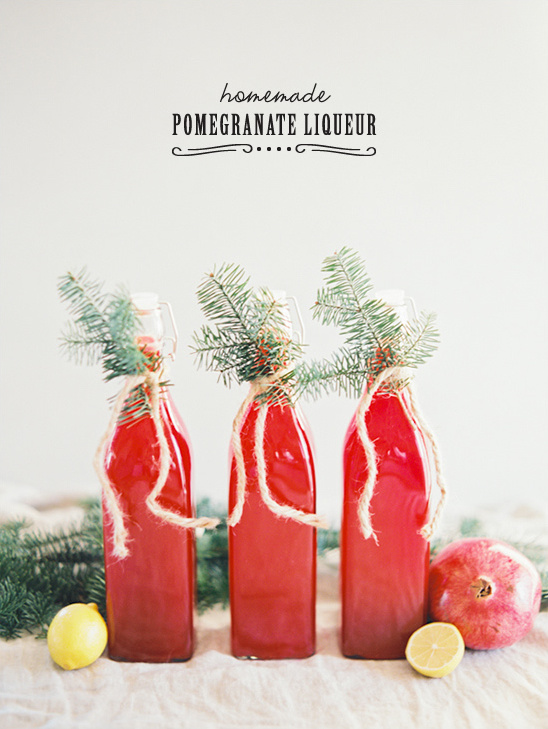 Homemade pomegranate liqueur bottles