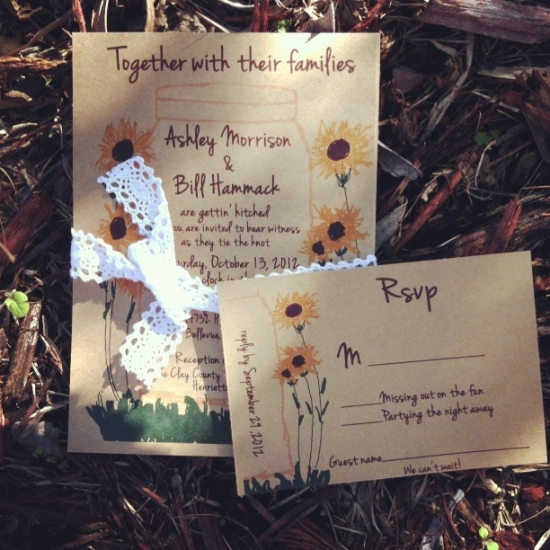 Big Mason Jar Sunflowers Wedding Invitation on Kraft Paper with Cotton Lace