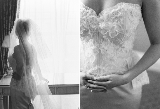 Bride in vintage lace wedding dress and veil