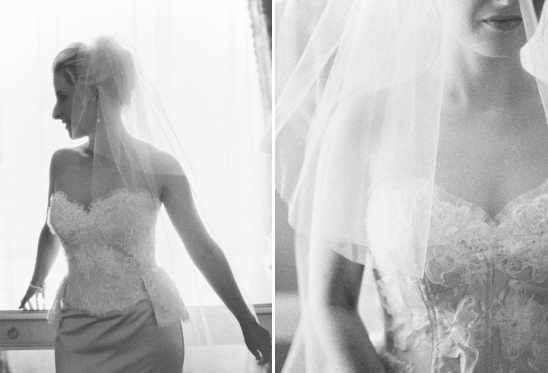 Elegant bride in lace wedding dress and veil