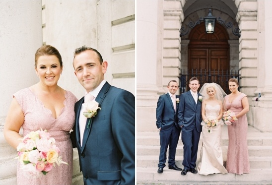 Wedding party poses outside church