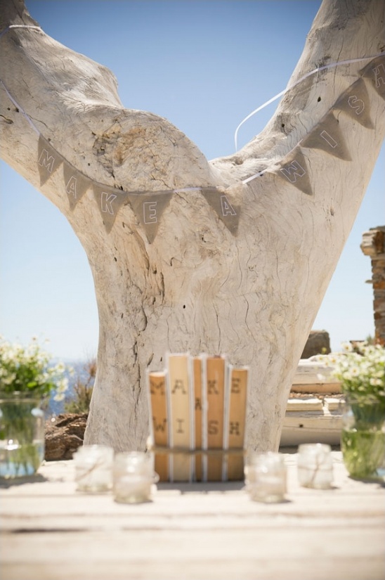 Rustic wedding decor with make a wish banner and candles