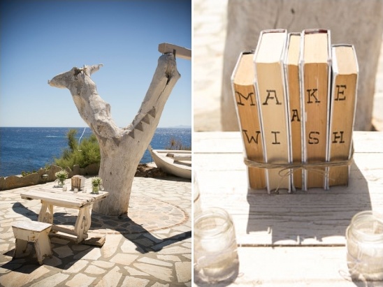 Rustic coastal wedding decor and seaside setting with books