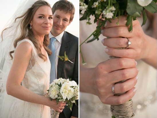 Happy bride and groom wedding rings and bouquet