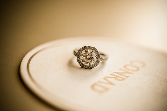 Octagon diamond engagement ring on display