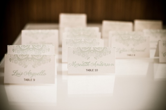Elegant wedding table place cards with names and numbers