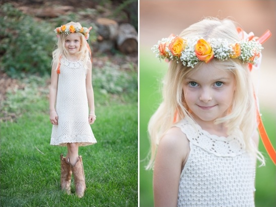 flower girl look with white crochet dress with cowgirl boots and orange floral crown