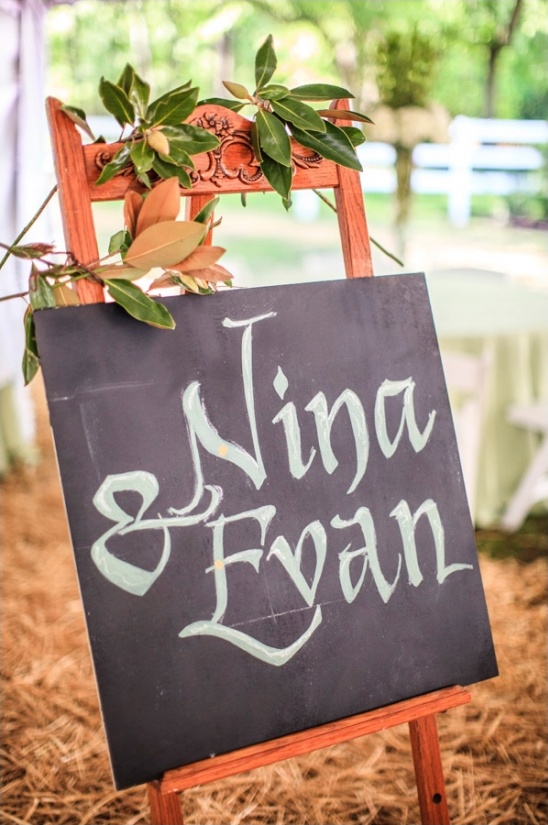 chalkboard wedding sign on wooden easel