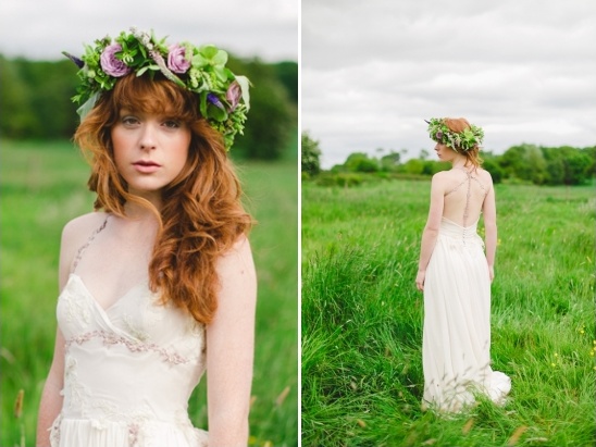 Bride with flower crown in field wedding style