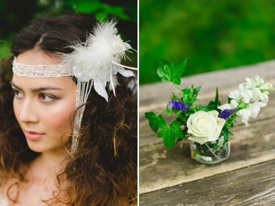 Boho bride with feather headband and floral centerpiece