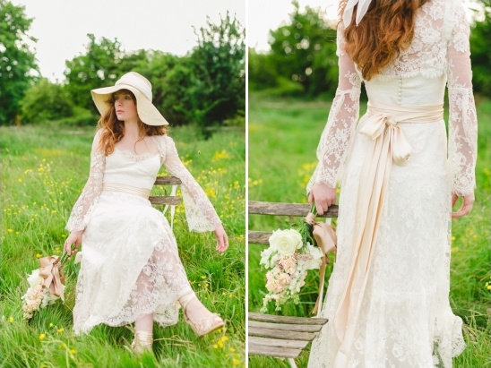 Boho bride in lace wedding dress with wide brimmed hat