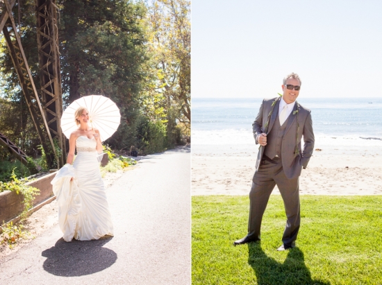Bride with parasol, groom by ocean