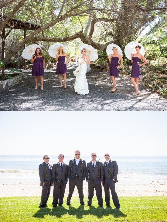 Bride and bridesmaids with parasols, groomsmen on beach