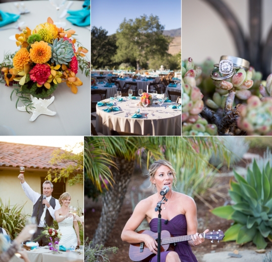 Beach wedding collage: ceremony, reception, rings, toast