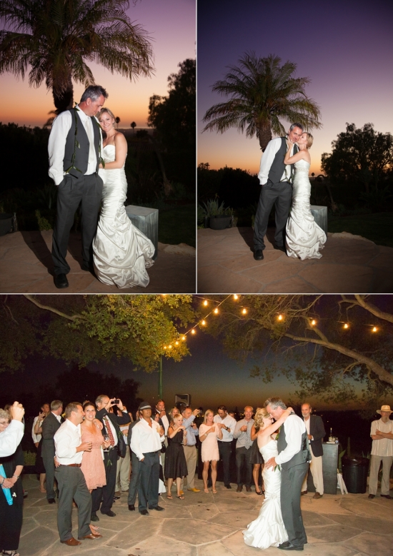 Sunset wedding couple first dance under string lights