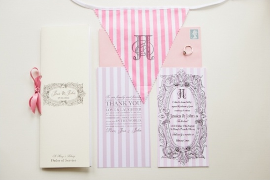 vintage-inspired pink and white stripe wedding stationery