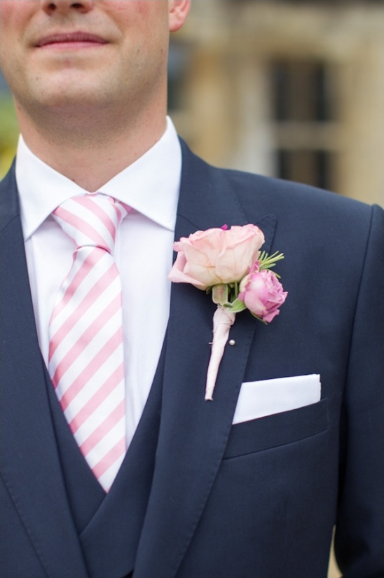 pink and white stripe tie and pink rose boutonniere