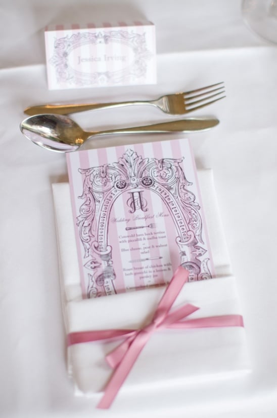 pink and white stripe wedding menu and placecards