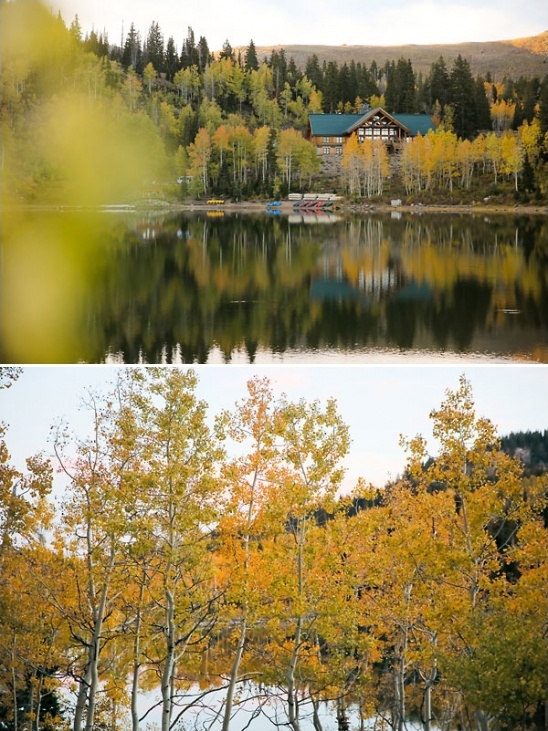 Autumnal lake lodge reflected in calm water