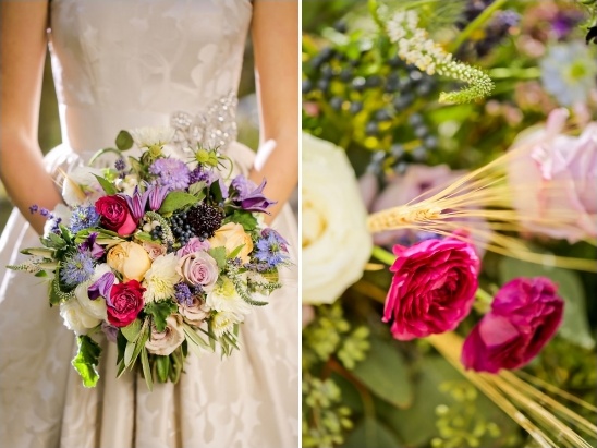 Bridal bouquet: colorful blooms and wheat accents