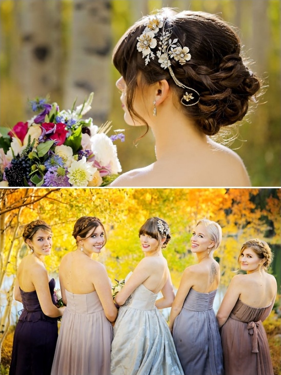 Elegant bride with floral hairpiece and bridesmaids in autumn