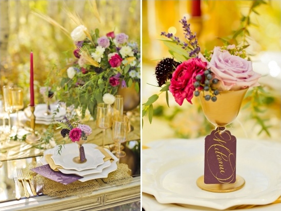 Gold flower arrangements and place settings