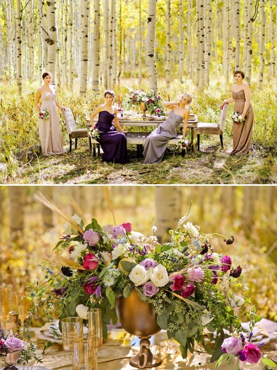 Autumn wedding floral display with bridesmaids