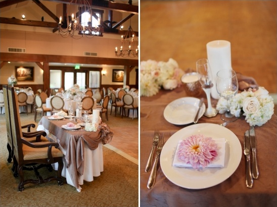 Wedding reception tables with pink flower centerpieces