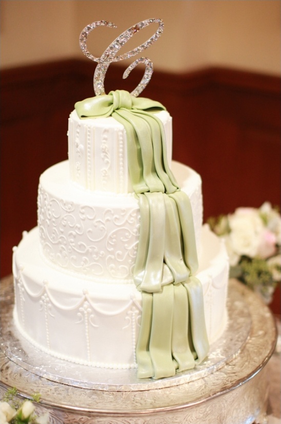 white and green wedding cake with glittery cake topper