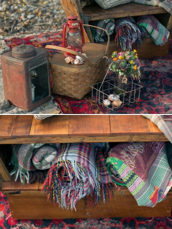 Rustic picnic scene with blankets and vintage accessories