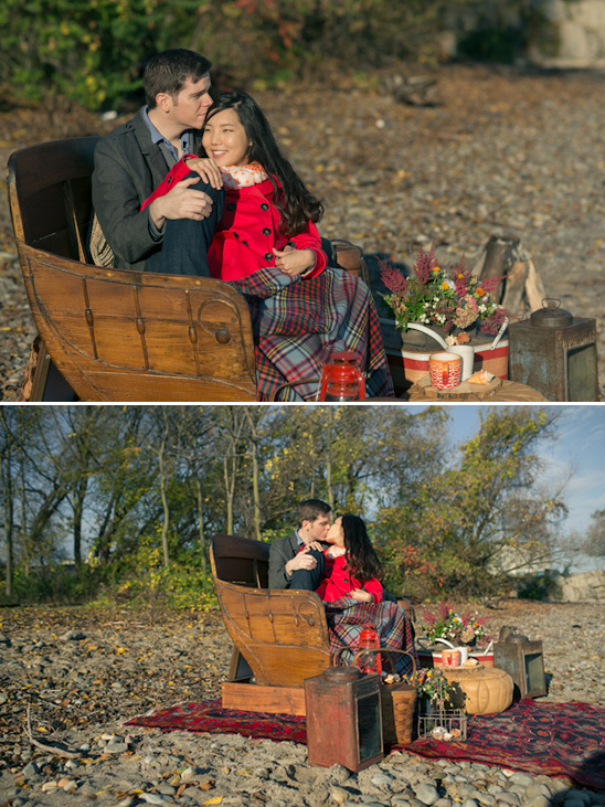 Couple in sleigh fall engagement photoshoot outdoors