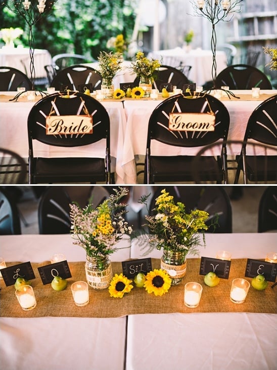 bride and groom seating signs and love table decor
