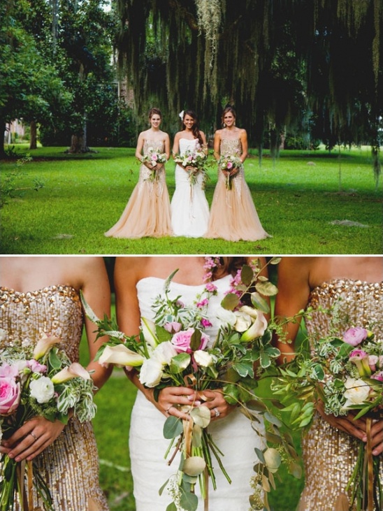 Bride and bridesmaids in gold dresses at wedding