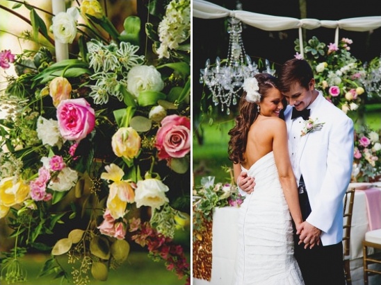 Bride and groom embracing at their outdoor wedding