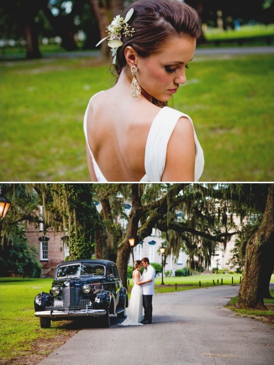 Elegant bride with classic car at a southern wedding venue