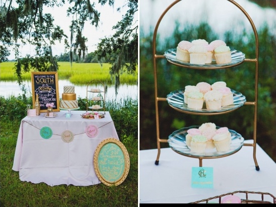Outdoor wedding dessert table with cupcakes and cake
