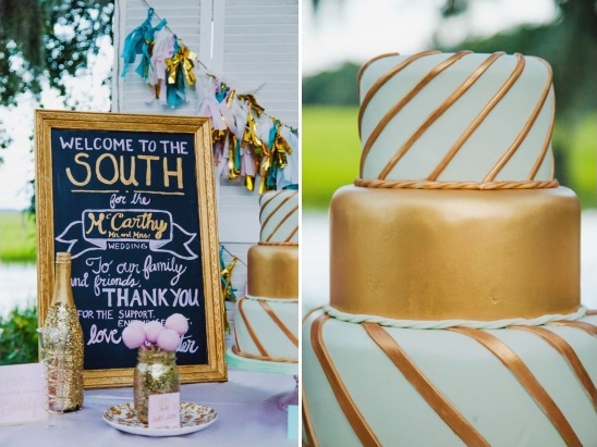 Southern wedding decor with gold cake and welcome sign