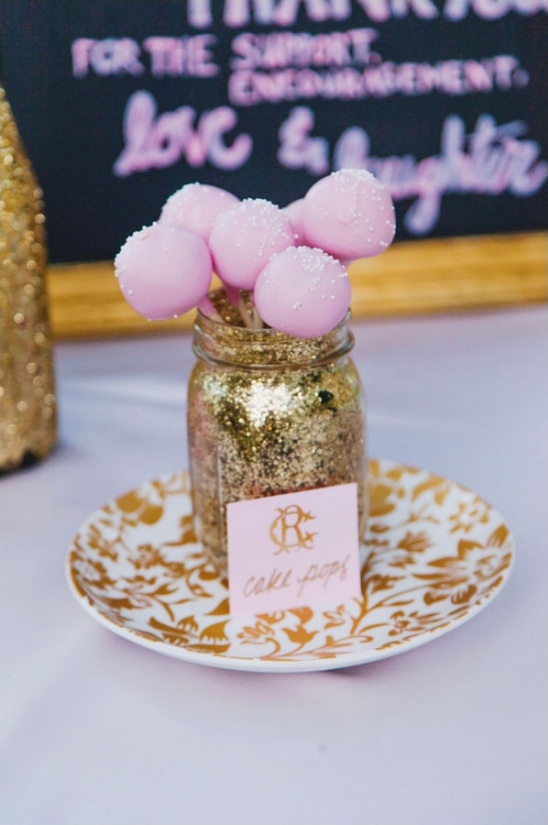 Pink cake pops in gold glitter jar