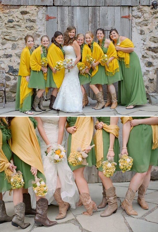 Bridesmaids in green dresses and cowboy boots at wedding