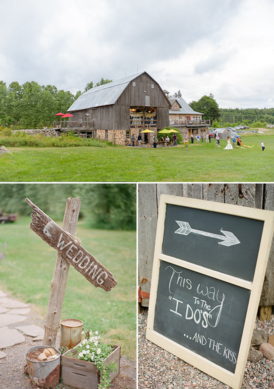 Rustic barn wedding venue with signs and decorations