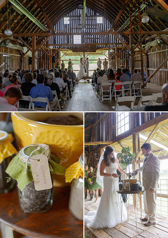 Rustic barn wedding ceremony with soil planting ritual